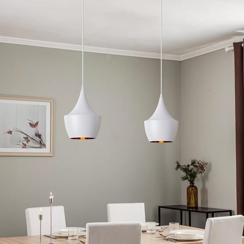 Modern dining room with white pendant lights, 