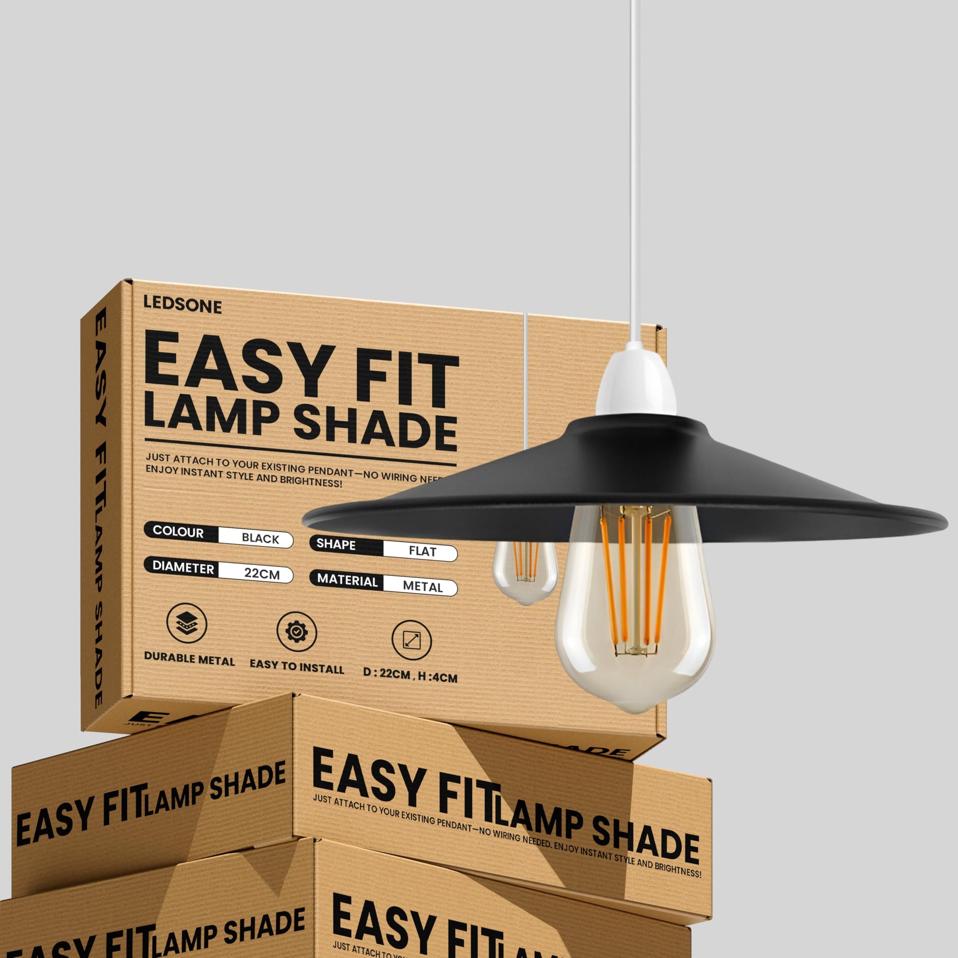 Black lampshade on a Ledstone Easy Fit Lamp Shade packaging box 