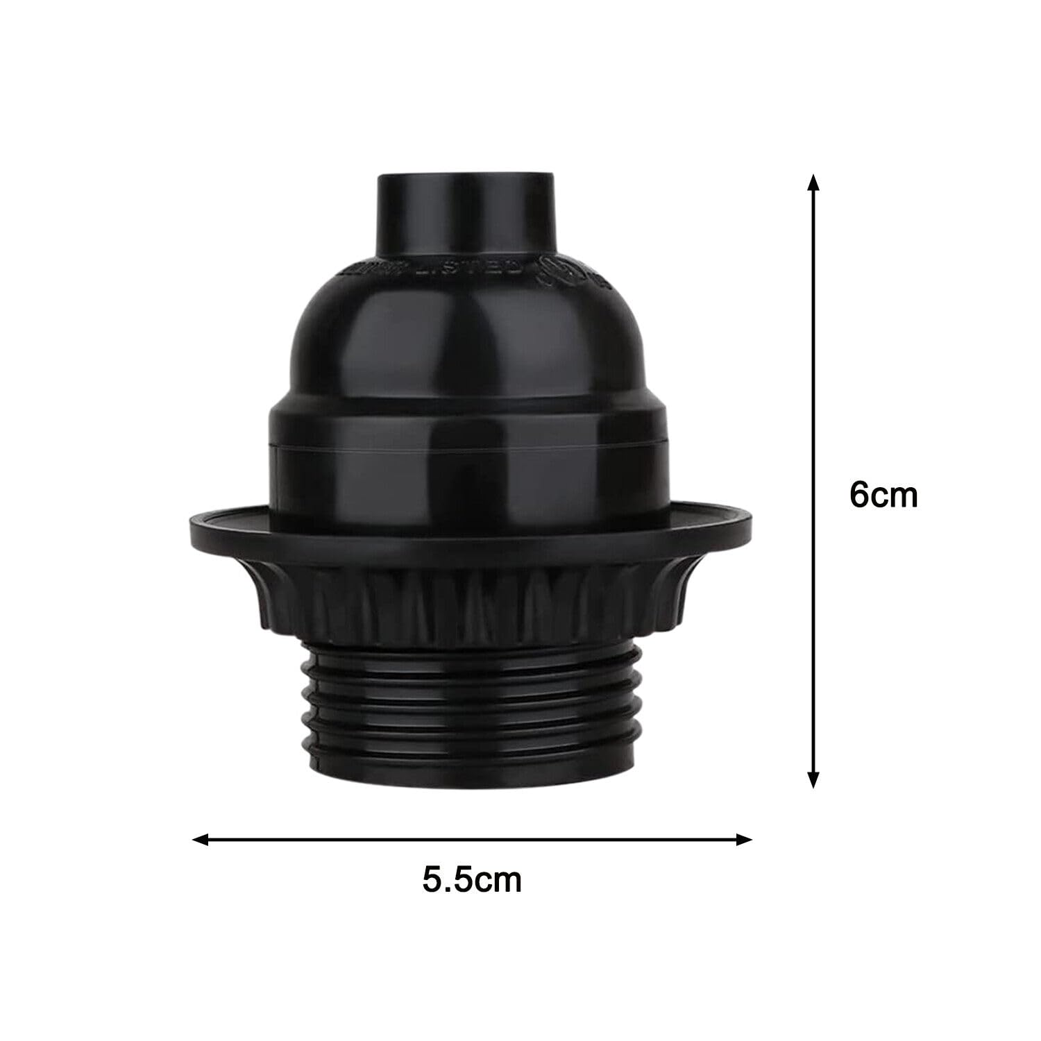 Plain black Bakelite E27 screw light bulb holder with a ring Black Bakelite E27 bulb holder with dimensions and a ring Black Bakelite light bulb holder with an E27 bulb installed