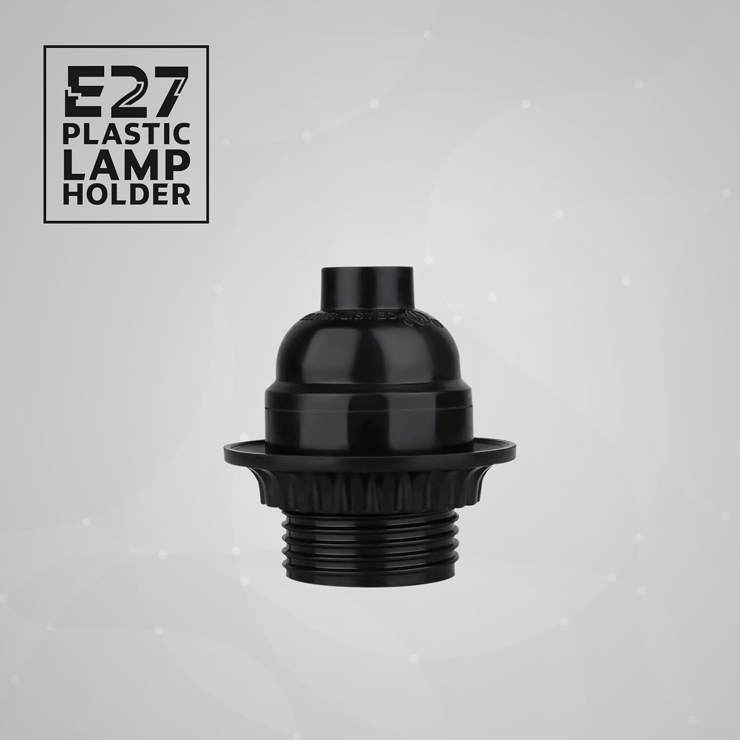 Plain black Bakelite E27 screw light bulb holder with a ring Black Bakelite E27 bulb holder with dimensions and a ring Black Bakelite light bulb holder with an E27 bulb installed