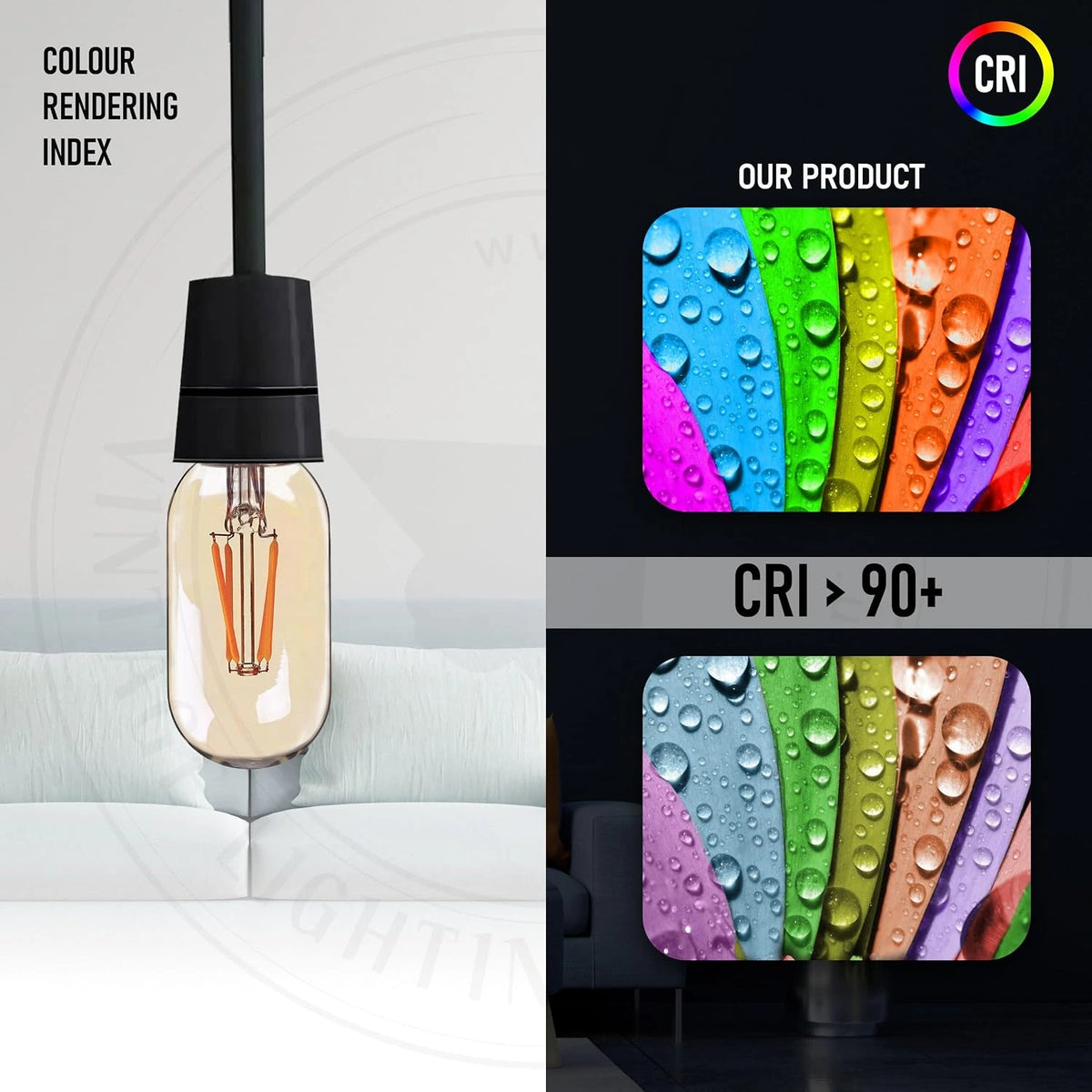 Light bulb with color rendering index (CRI) information on a black background