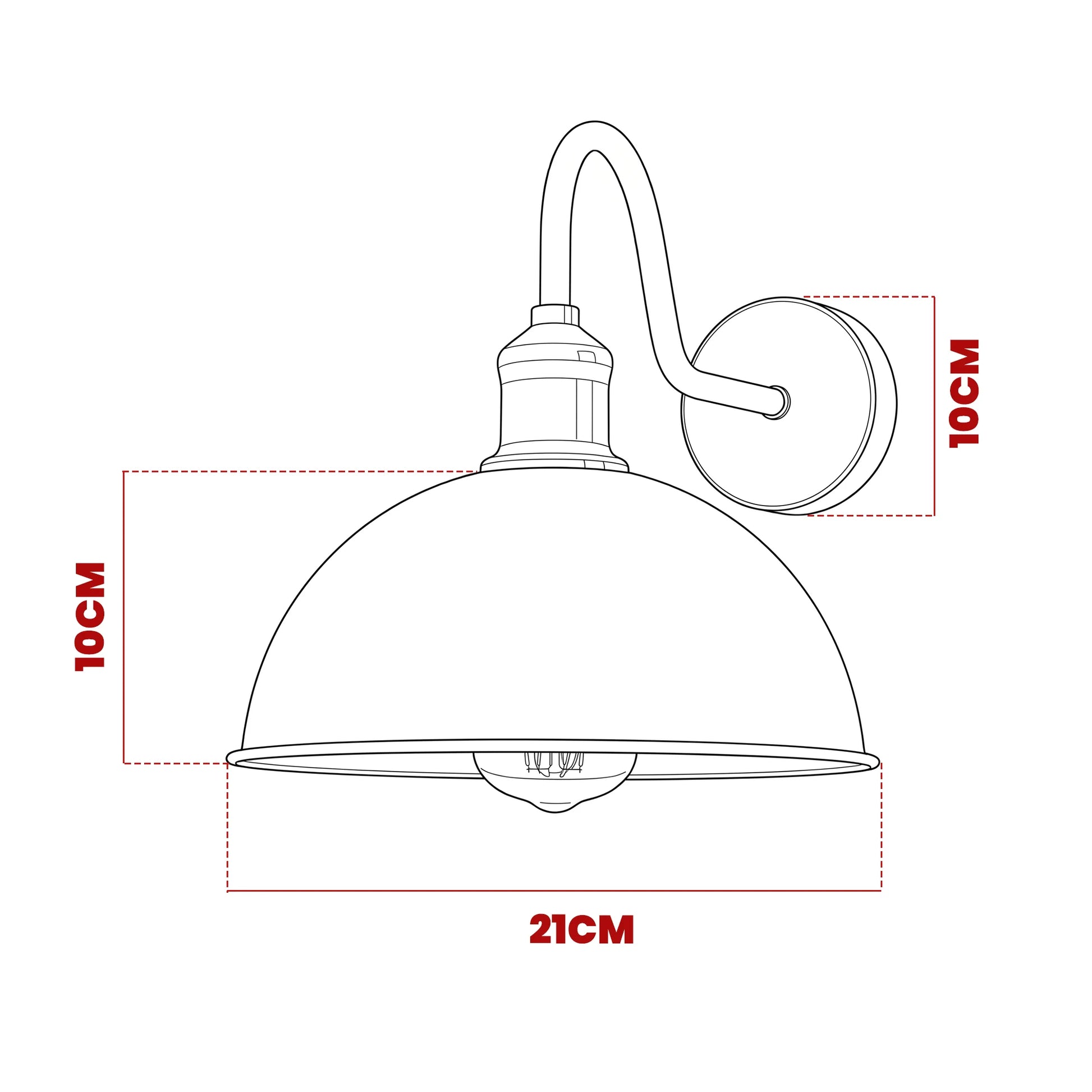 Line drawing of a wall-mounted light fixture with dimensions indicated.