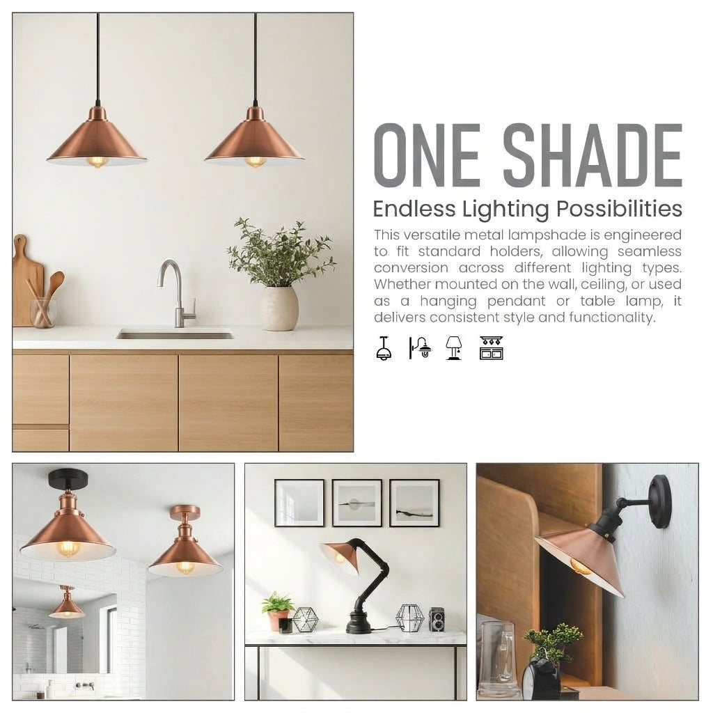 A collage showing a copper-toned metal one-shade lampshade in multiple interior settings, including pendant lighting over a kitchen counter, wall-mounted use, and a table lamp. Text on the right reads 'ONE SHADE Endless Lighting Possibilities' with small feature icons below.