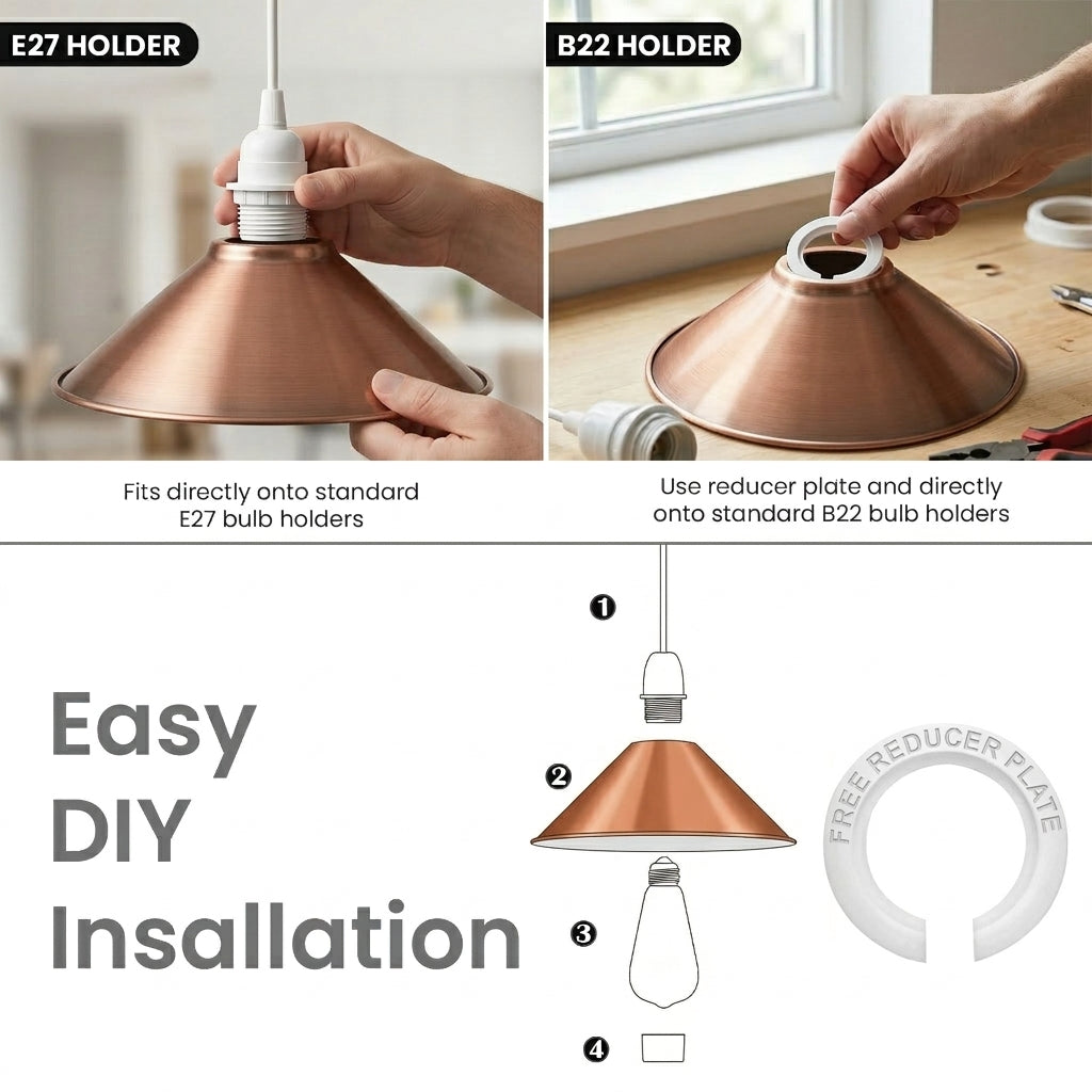Copper Metal Cone Lampshade 22cm,Industrial Ceiling Pendant Light Shade, Easy Fit E27 B22, Retro Vintage Style for Kitchen, Living Room, Hallway, Bar, Loft — Reducer Ring Included