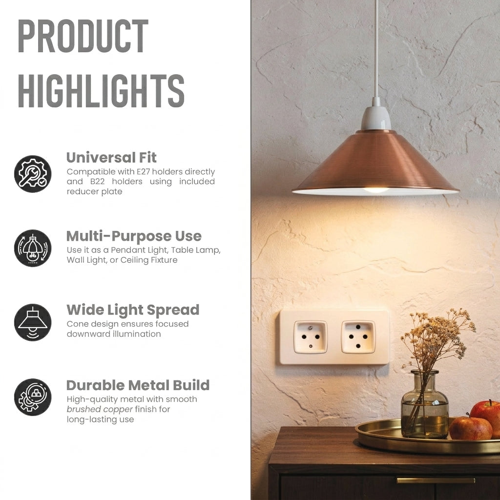 Copper cone pendant light fixture shown in a home interior setting with a white wall socket, textured wall, and a wooden table with dried flowers and fruit. The left side features a 'Product Highlights' text panel listing features like universal fit, multi-purpose use, wide light spread, and durable metal build.