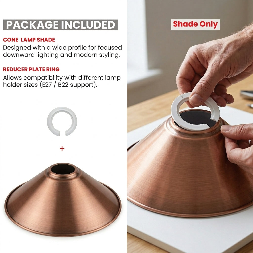 Copper-colored cone lamp shade shown with explanatory text on the left and a lifestyle demonstration on the right of a hand attaching a white shade ring to the top of the shade.