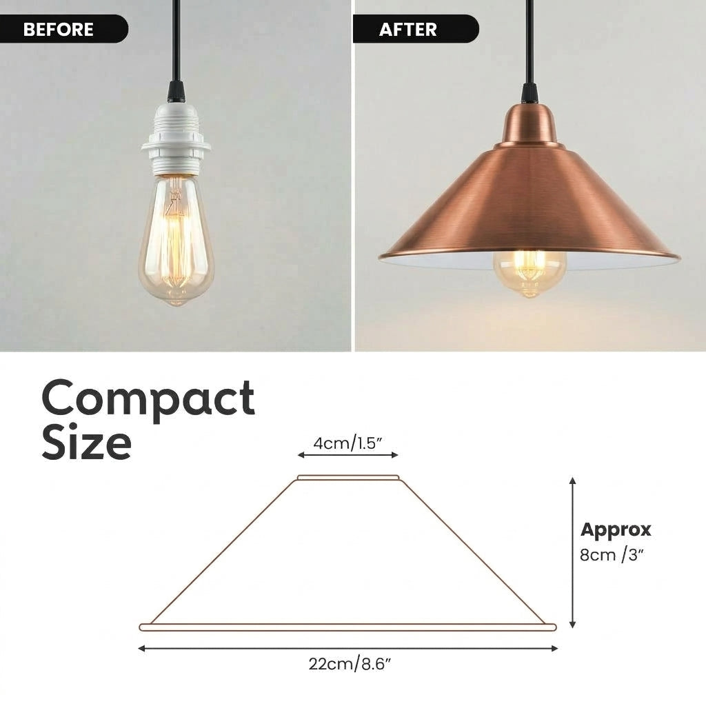 Copper Metal Cone Lampshade 22cm, Industrial Ceiling Pendant Light Shade, Easy Fit E27 B22, Retro Vintage Style for Kitchen, Living Room, Hallway, Bar, Loft—Reducer Ring Included measurement