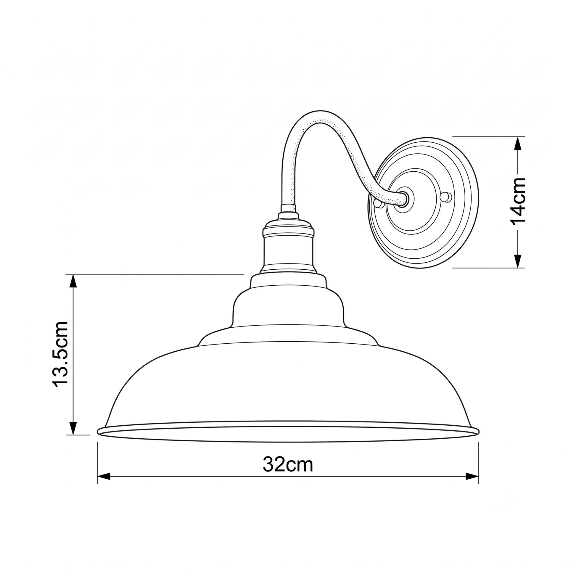 Black and white line drawing schematic of a wall-mounted dome shade light fixture, showing dimensions of 32cm shade width, 13.5cm height, 14cm wall plate height, and 32cm from socket to shade rim.