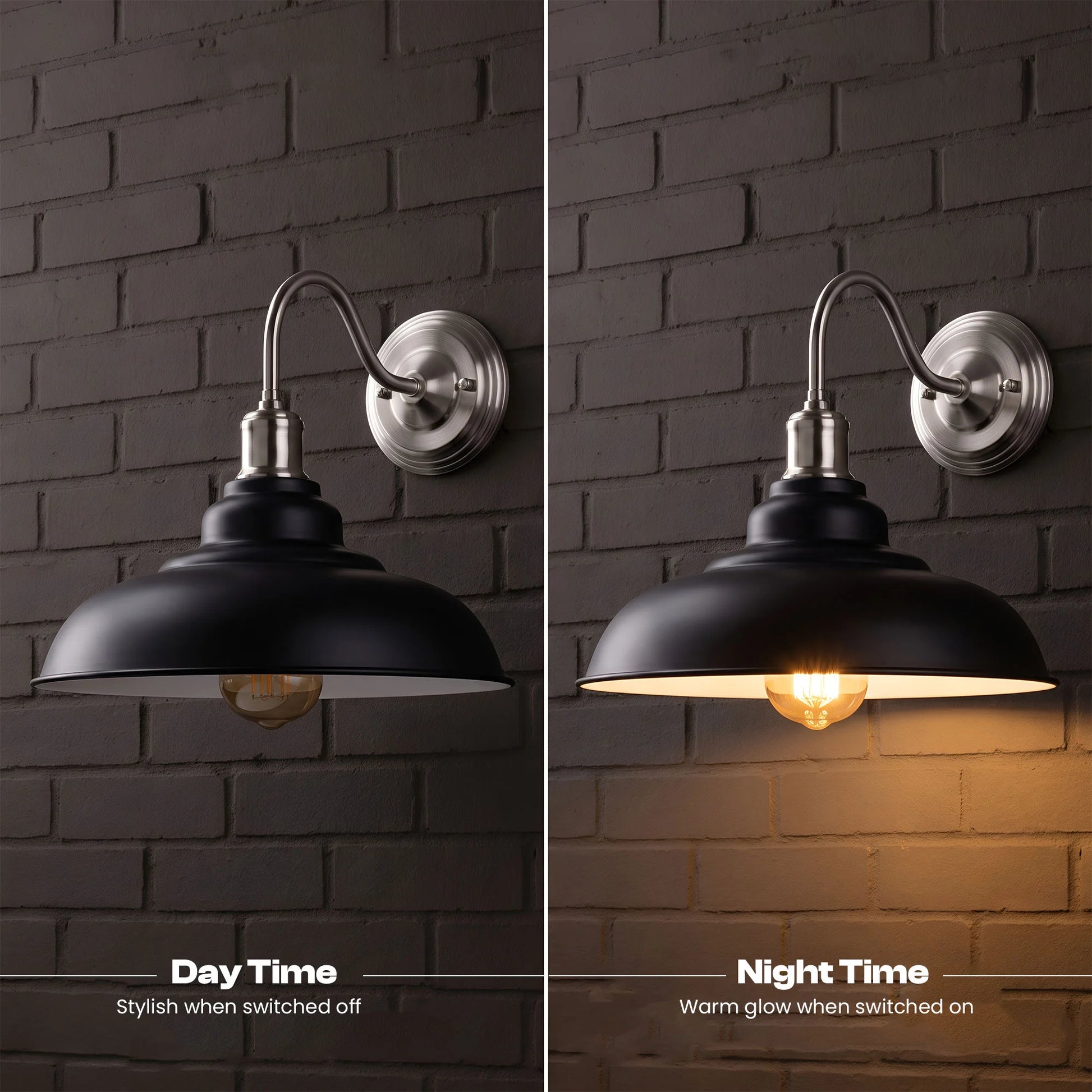 A split comparison of a black industrial wall sconce in day and night modes, mounted on a dark brick wall. The left side is labeled 'Day Time' and shows the light turned off, revealing a silver wall mount and a dark bulb.