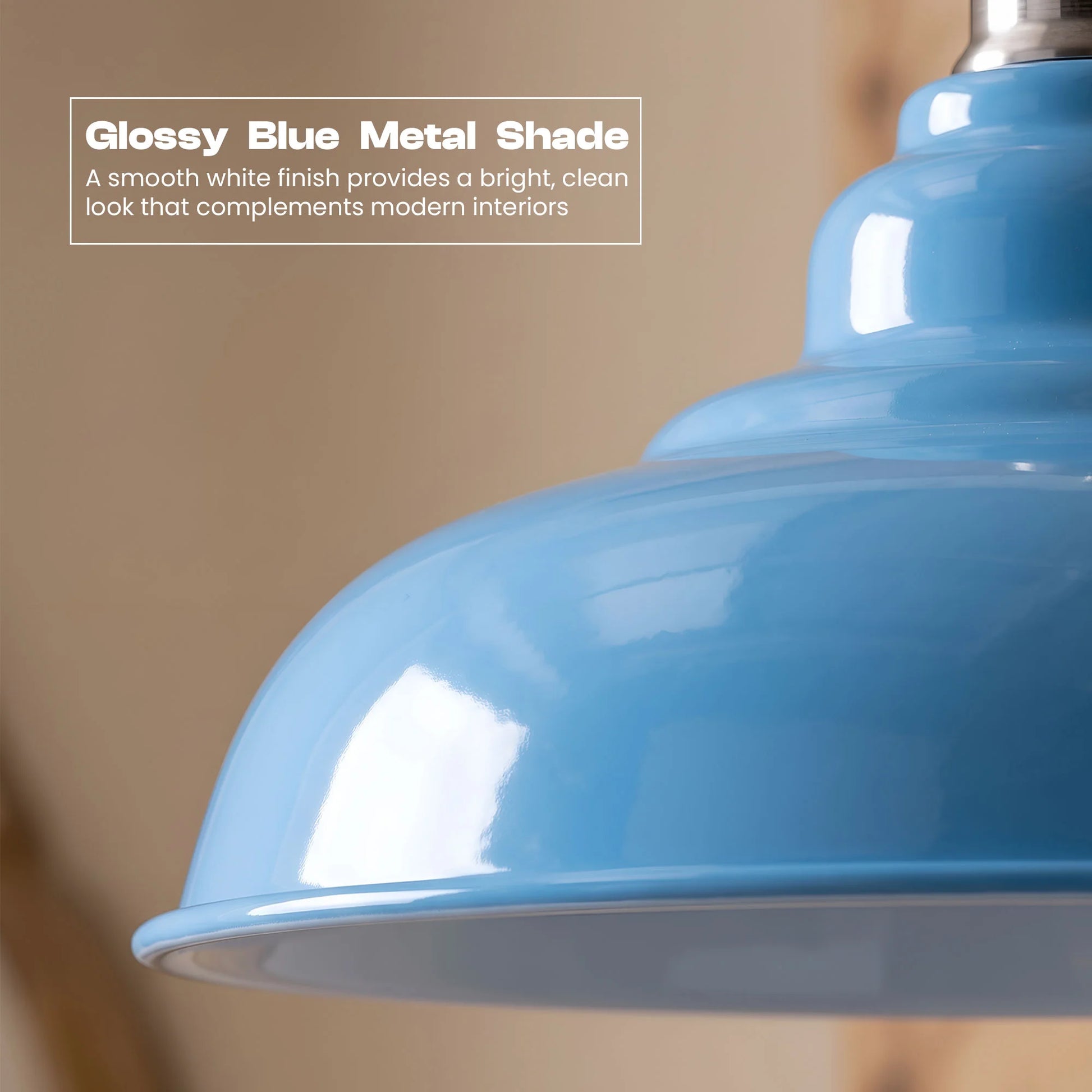 Close-up of a glossy light blue metal lamp shade with a small text overlay in the top left reading 'Glossy Blue Metal Shade' and a brief description of the finish.