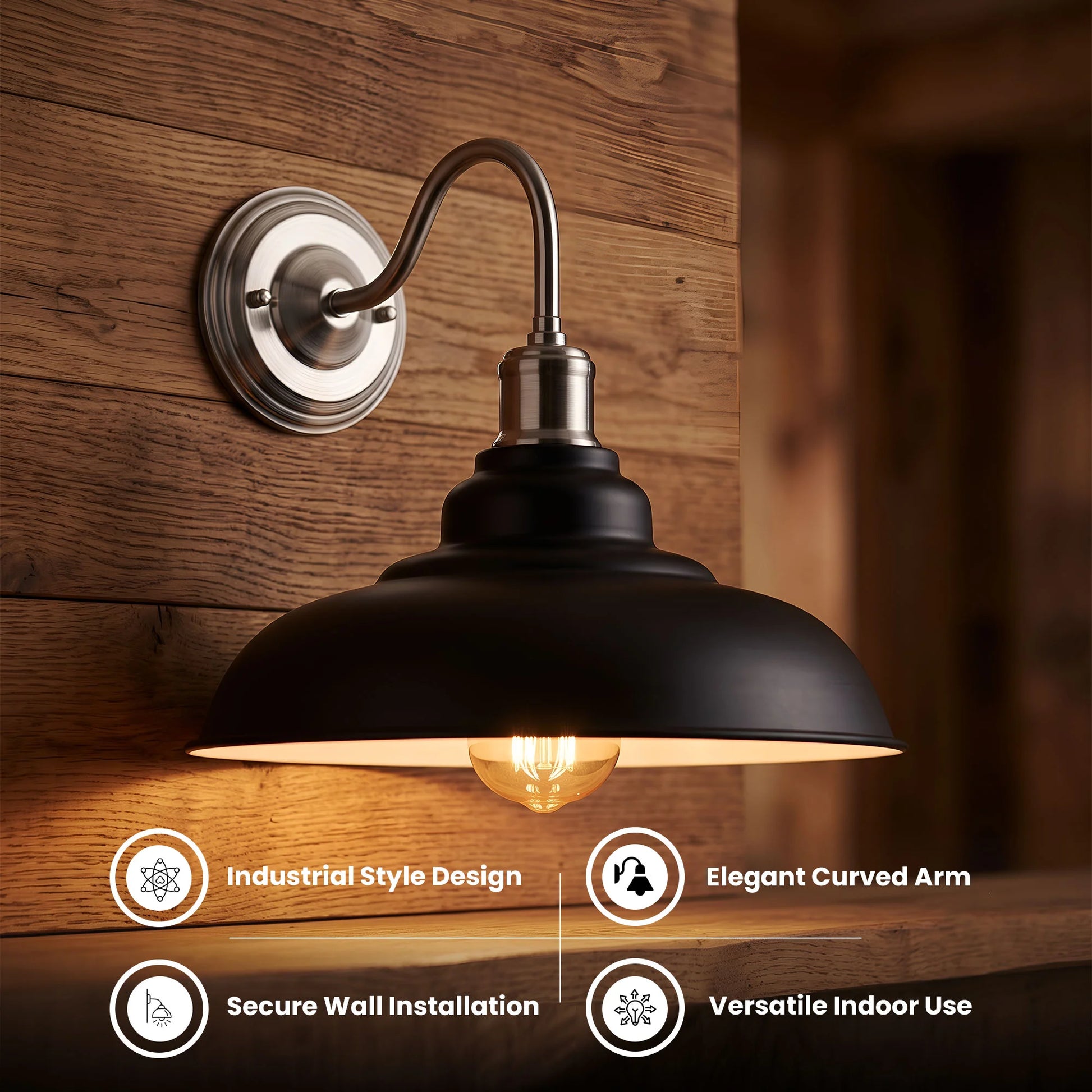 Industrial-style wall sconce with a black dome shade and brushed silver metal wall mount and curved arm, shown lit against a rustic wood plank wall. Text callouts at the bottom describe industrial style design, elegant curved arm, secure wall installation, and versatile indoor use.