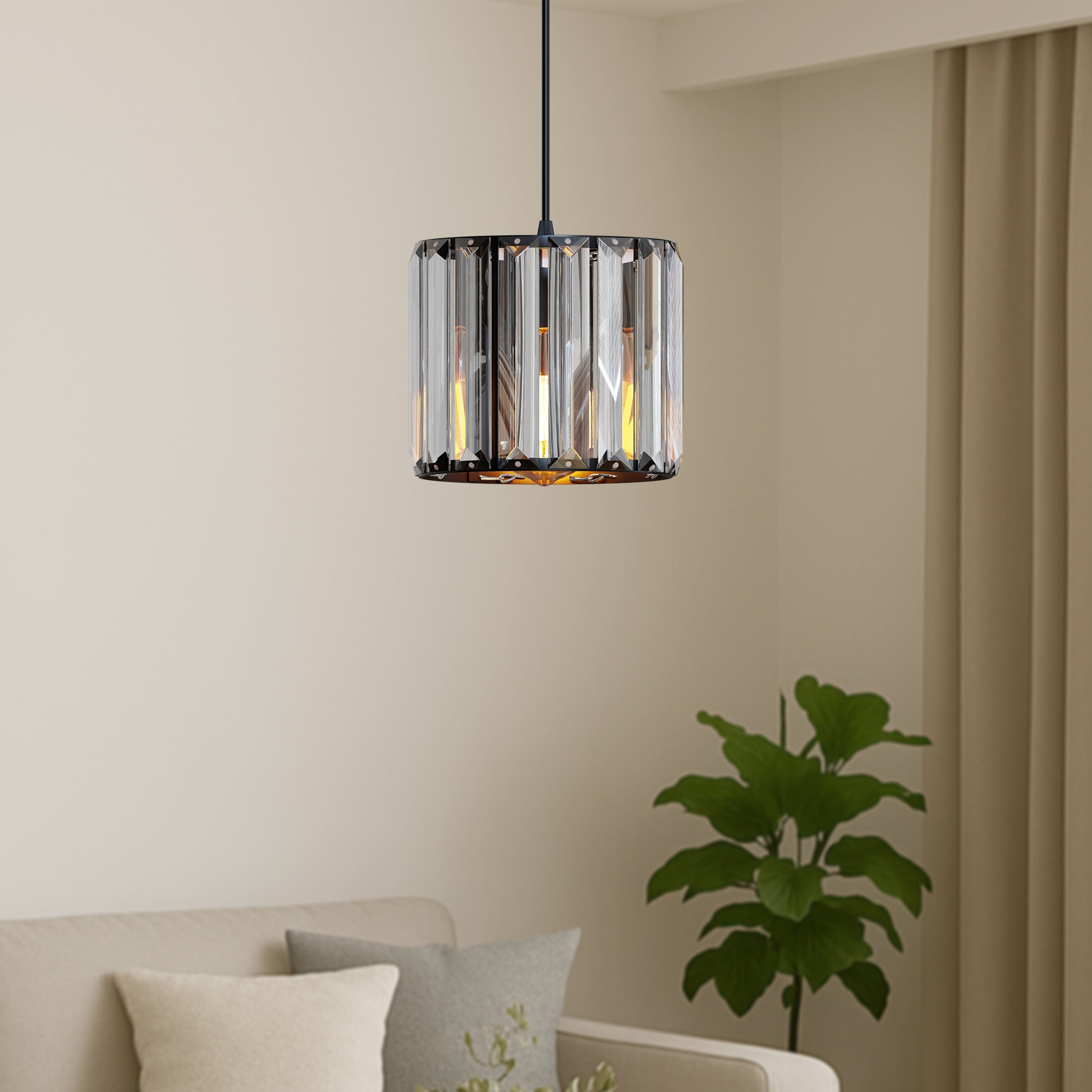 Modern pendant light hanging in a living room with a neutral color scheme.