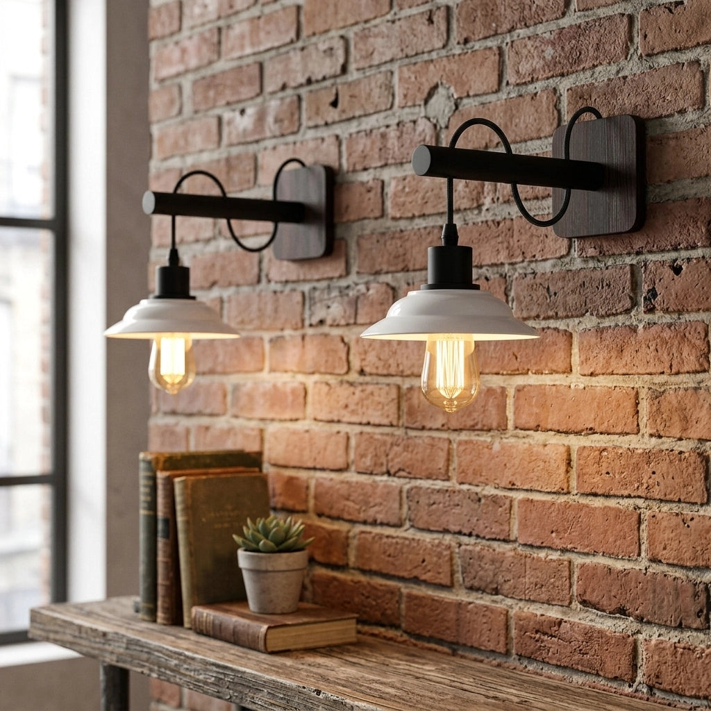 Two rustic industrial wall sconces with black metal brackets and white bell-shaped shades, mounted on a red brick wall above a wooden shelf with books and a small plant.