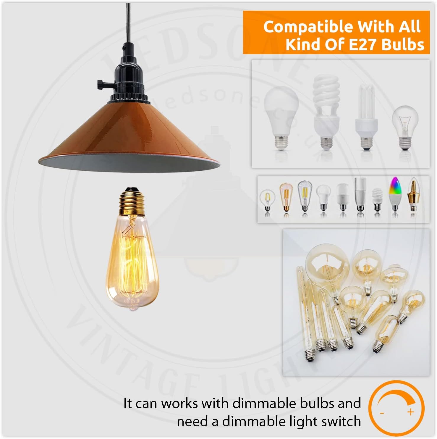 Vintage-style pendant light with compatibility text and bulb options on a white background