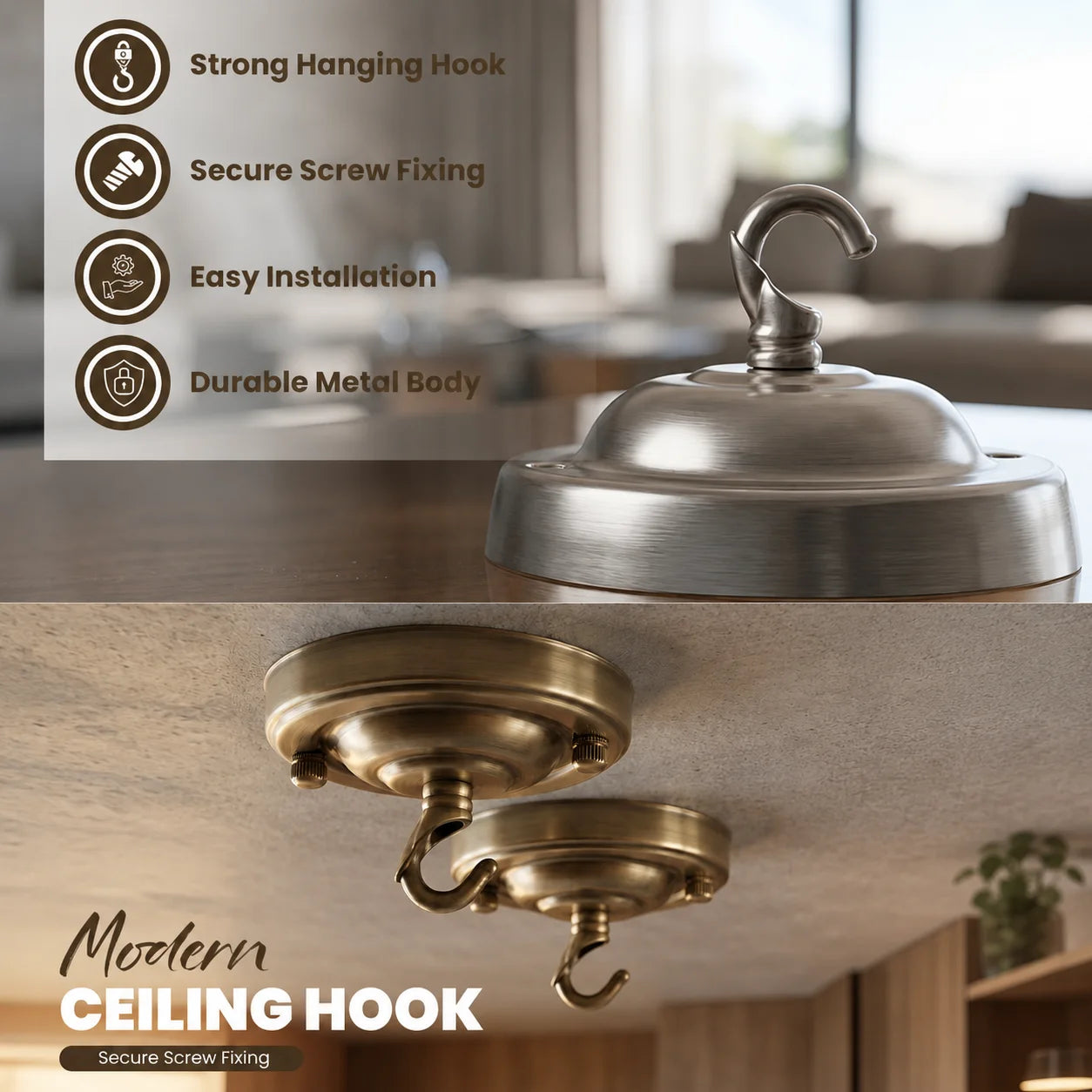 Modern ceiling hook hardware shown in a split design: a brushed metal round hook with a hanging hook on a white background, and a brass ceiling hook mounted on a ceiling in a room. Text highlights features including strong hanging hook, secure screw fixing, easy installation, durable metal body, and modern ceiling hook.