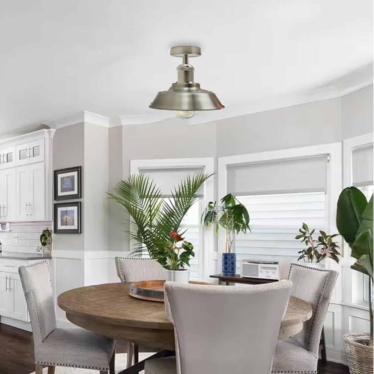 Satin nickel industrial ceiling light for dining room and living space