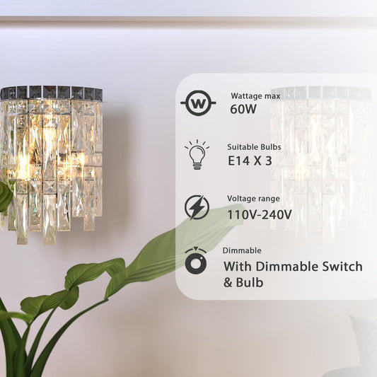 Modern crystal wall light E14, wall sconce no bulb, clear crystal fixture, chrome luxury wall lamp, bedroom wall lighting