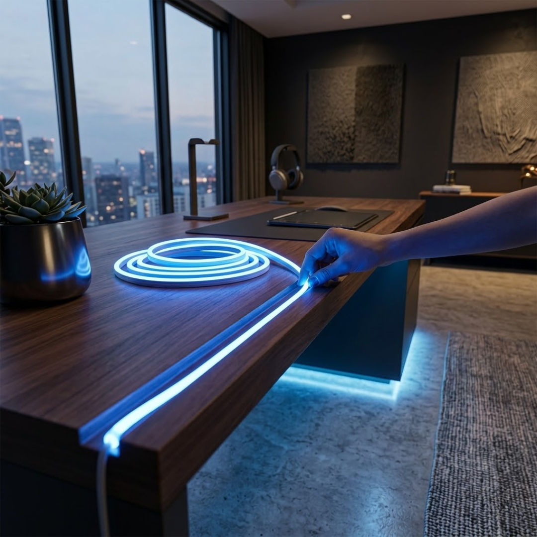 Neon light strip on a desk with cityscape view