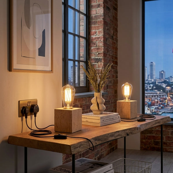 Nordic Wood Table Lamp Base E27 Plug In with Switch~4557 – Square / 2 Pack / Yes