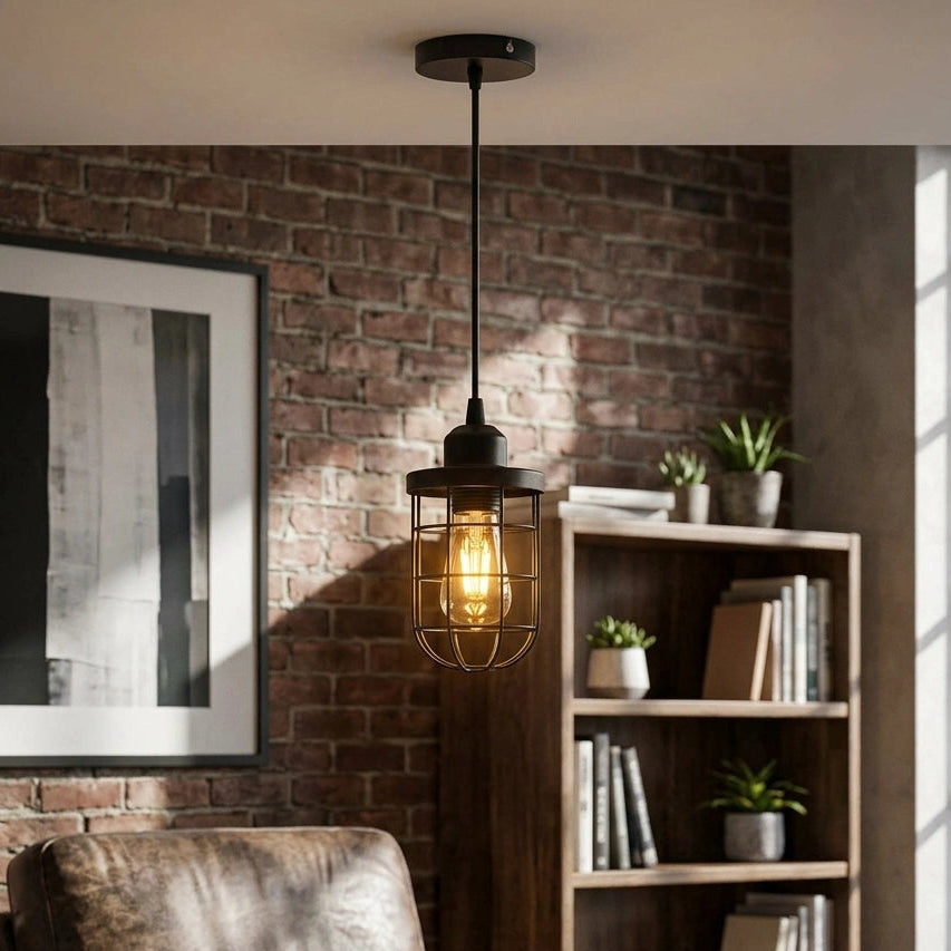 Matte black industrial pendant light with 33cm metal dome shade and vintage wire cage hanging light fixture