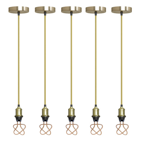 Vintage E27 Pendant Light Set | Green Brass Holder Gold Cable & LED Neon Bulb ~6427