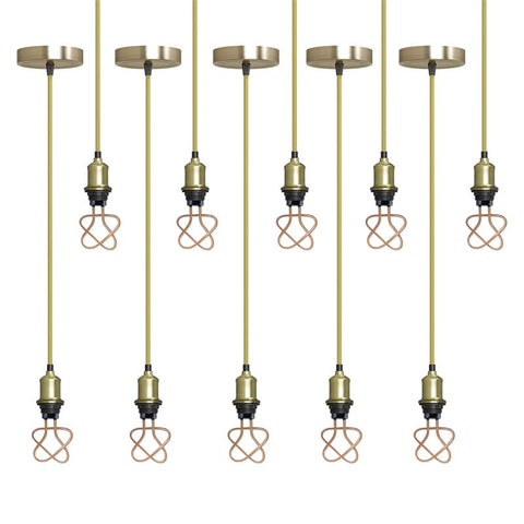 Vintage E27 Pendant Light Set | Green Brass Holder Gold Cable & LED Neon Bulb ~6427