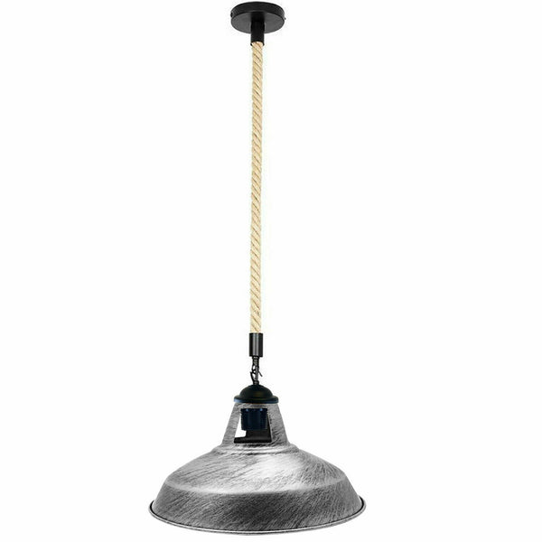 Industrial Metal 2m Hemp Rope Hanging Ceiling Pendant Light~5343 – Brushed Silver / Yes