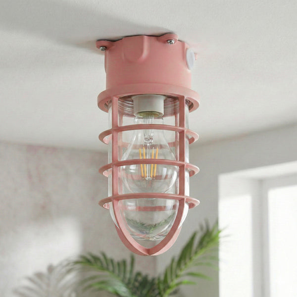 Nautical Bulkhead Flush Mount Ceiling Light Wire Cage E27 ~6546 – Pink