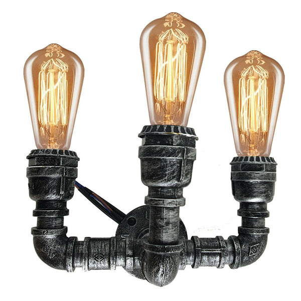 Industrial Water Pipe Wall Light 3-Way Steampunk Iron Metal Fitting ~2890 – Brushed Silver / Yes