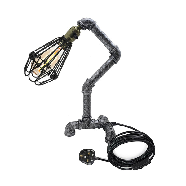 Steampunk Water Pipe Desk Lamp Retro Plugin Lighting ~6091 – Brushed Silver / Yes