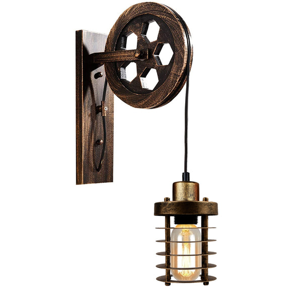 Vintage Industrial Adjustable Pulley Wheel Wall Mounted Light ~1222 – Brushed Copper / Yes
