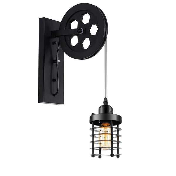Vintage Industrial Adjustable Pulley Wheel Wall Mounted Light ~1222 – Black / Yes