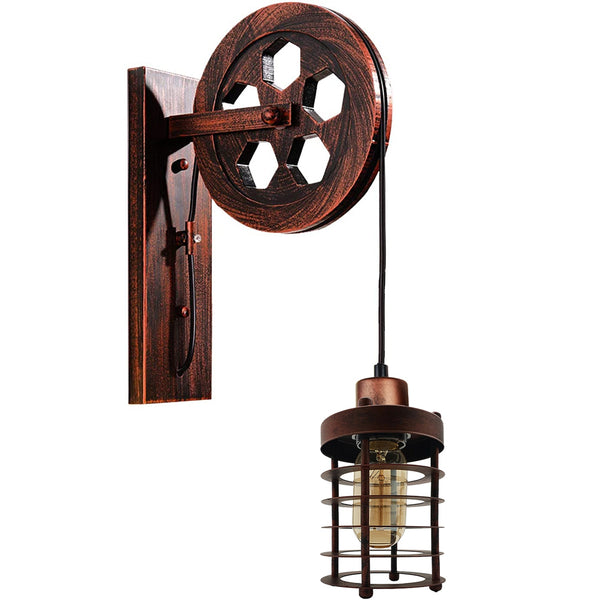 Vintage Industrial Adjustable Pulley Wheel Wall Mounted Light ~1222 – Rustic Red / Yes