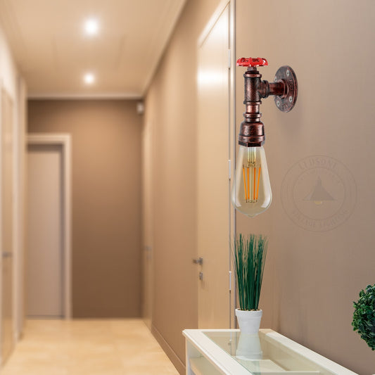 Vintage Rustic Red Metal Water Pipe Wall Sconce Light Holder with Wheel~2068