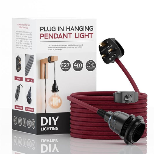 Lámpara colgante con enchufe, cable flexible de tela de 4 m, color burdeos, con portalámparas E27 e interruptor, 3745