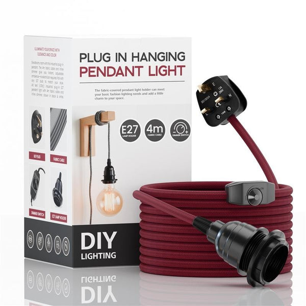 Burgundy Braided Fabric Plug-in Pendant Light Kit 4m E27 Dimmable ~3745