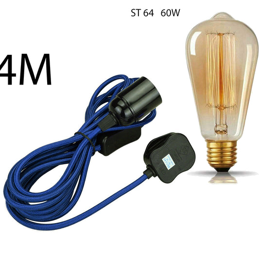 Vintage 4m Plug In Pendant Light Fabric Cord E27 Dimmable ~3753
