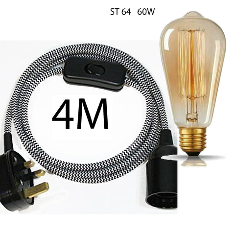 4m Fabric Flex Cable Plug In Pendant Lamp Set With Bulb Holder ~1497