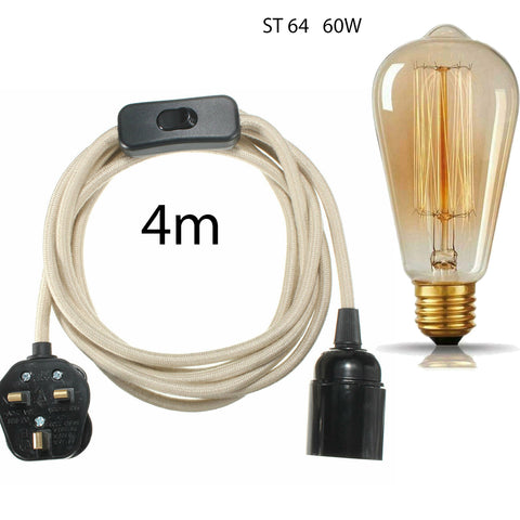 4m Fabric Flex Cable Plug In Pendant Lamp Set With Bulb Holder ~1497