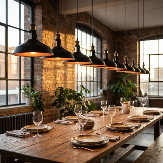 A long wooden dining table set with plates, wine glasses, and folded napkins in a rustic industrial loft with exposed brick walls, large windows, and a row of black pendant lights hanging above.