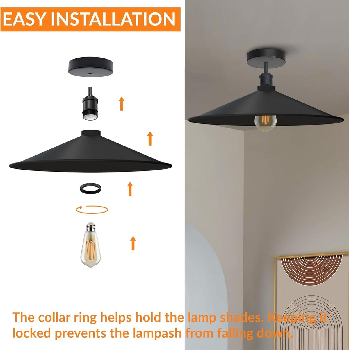 Pack of 2 Industrial Flush Ceiling Lights E27 Metal Orange Shade [Energy Class A