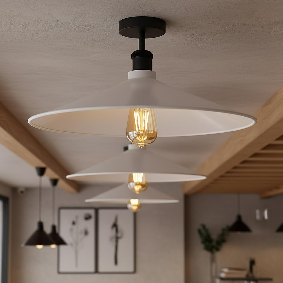 Pack of 2 Industrial Flush Ceiling Lights E27 Metal Orange Shade [Energy Class A