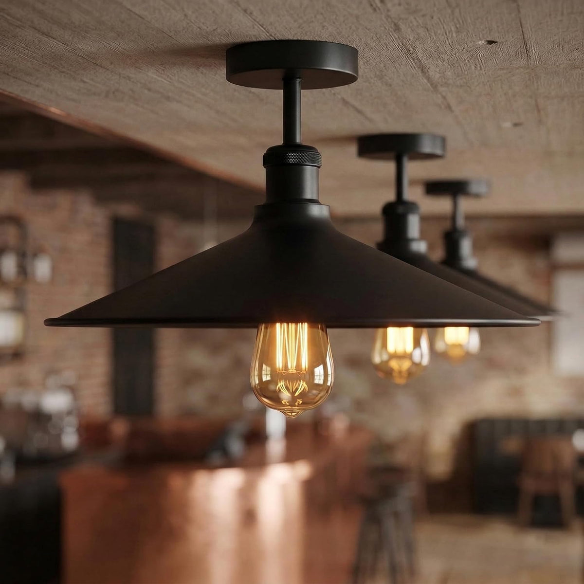 Pack of 2 Industrial Flush Ceiling Lights E27 Metal Orange Shade [Energy Class A
