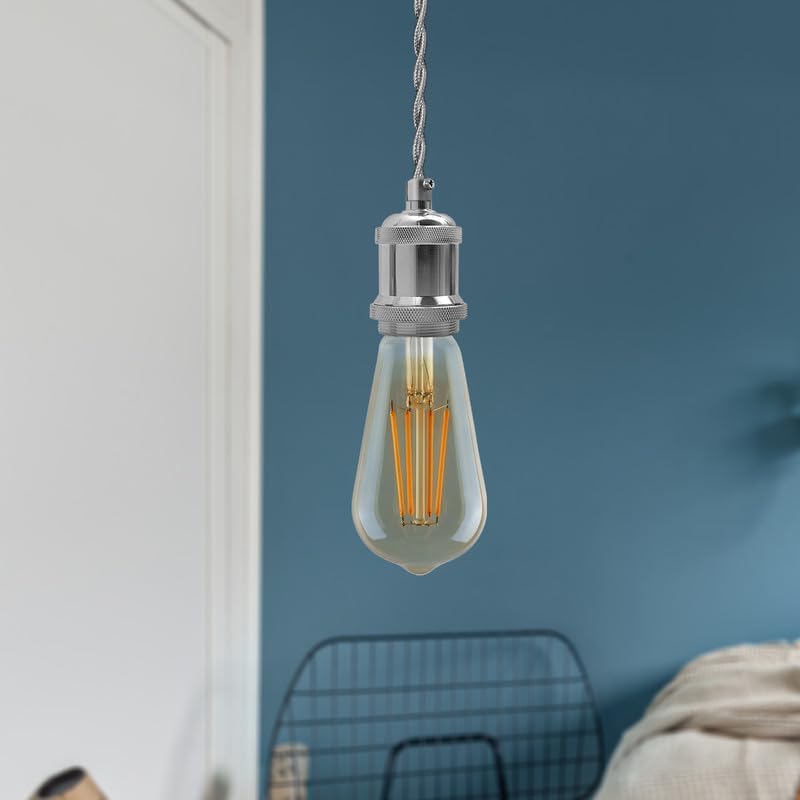 grey twisted cable E27 bulb holder chrome light holder fabric cable 1m grey cable twisted fabric flex E27 lamp holder pendant cable set Adjustable 