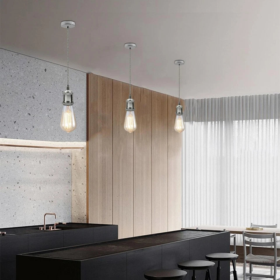 grey twisted cable E27 bulb holder chrome light holder fabric cable 1m grey cable twisted fabric flex E27 lamp holder pendant cable set Adjustable 