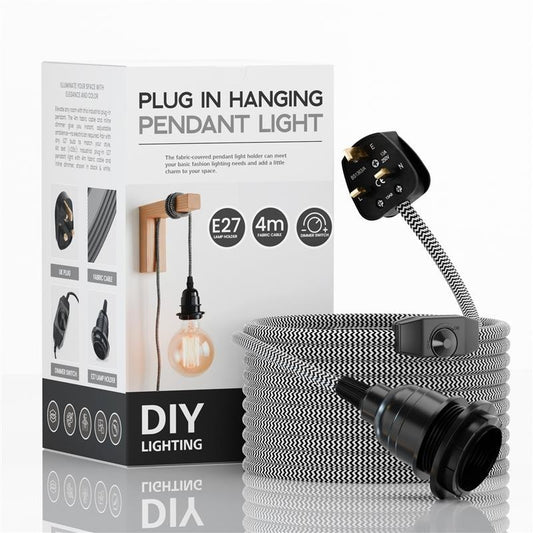 Plug-in hanging pendant light with packaging on a white background