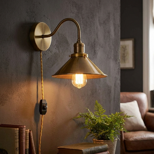 Vintage-style wall lamp with a brass finish on a textured wall, next to a plant and books.