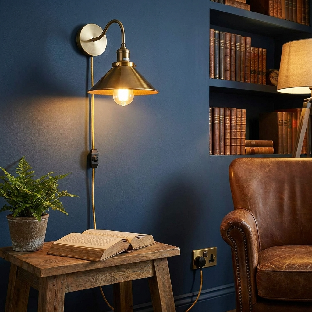Cozy room with a wall lamp, bookshelf, and leather chair.