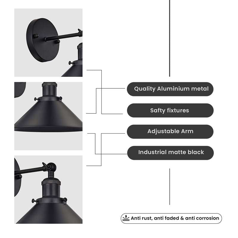 Black Cone Shade Wall Lighting Adjustable Arm-Features