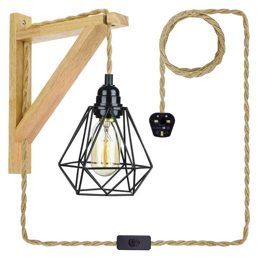 plug in cord Wood hemp rope wall lamp with diamond shade